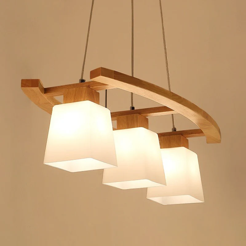 3-lichts eetkamer plafondlamp Scandinavische houten eilandhanger met trapeziumvormige witte glazen kap Clearhalo