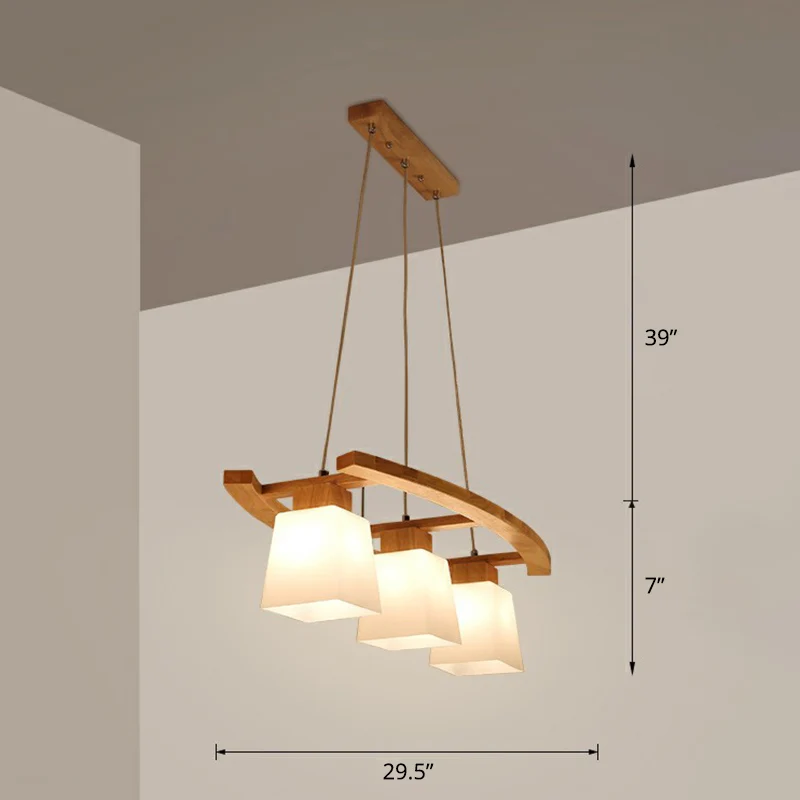 3-lichts eetkamer plafondlamp Scandinavische houten eilandhanger met trapeziumvormige witte glazen kap Clearhalo