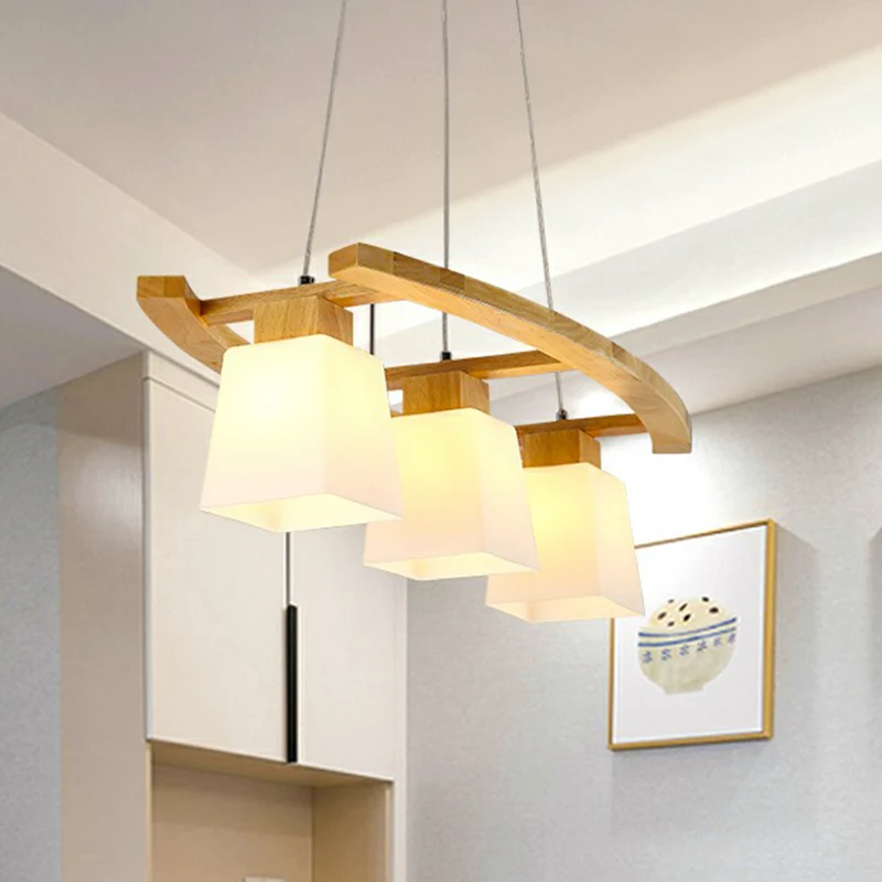 3-lichts eetkamer plafondlamp Scandinavische houten eilandhanger met trapeziumvormige witte glazen kap Clearhalo