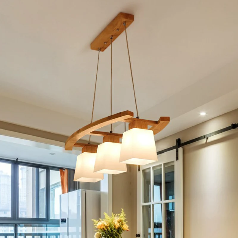 3-lichts eetkamer plafondlamp Scandinavische houten eilandhanger met trapeziumvormige witte glazen kap Clearhalo