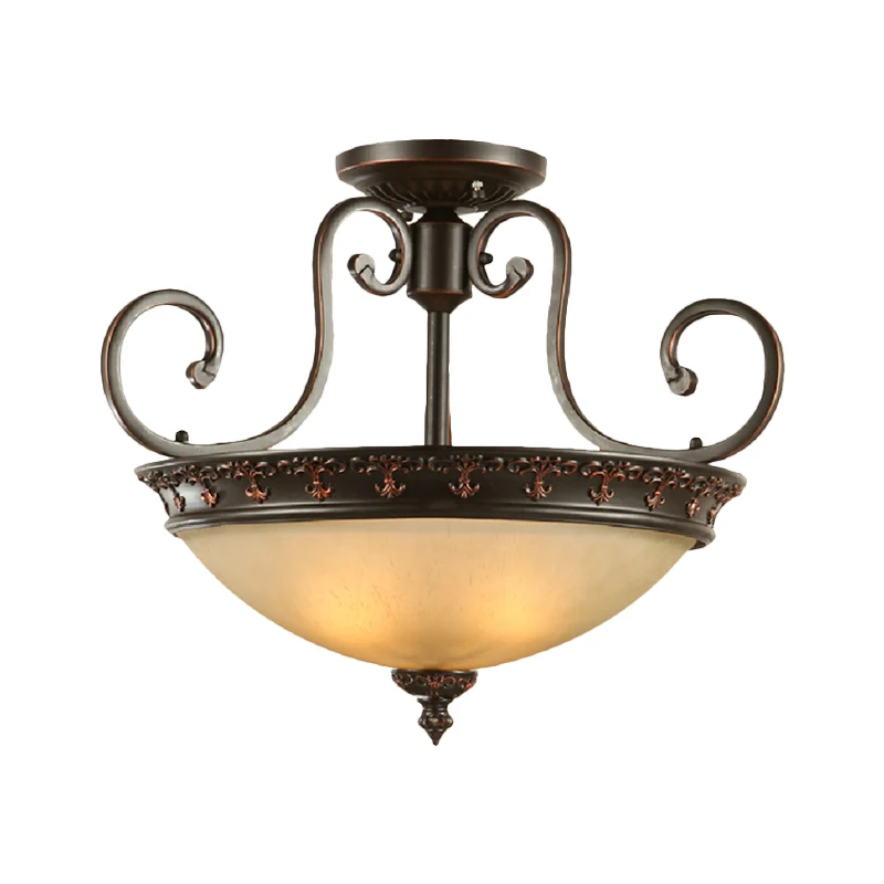 3-lichts gangplafondlamp, traditioneel bruin, half vlak, met kom van matglas Clearhalo