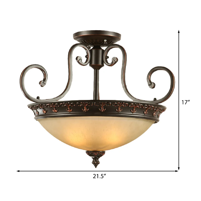 3-lichts gangplafondlamp, traditioneel bruin, half vlak, met kom van matglas Clearhalo