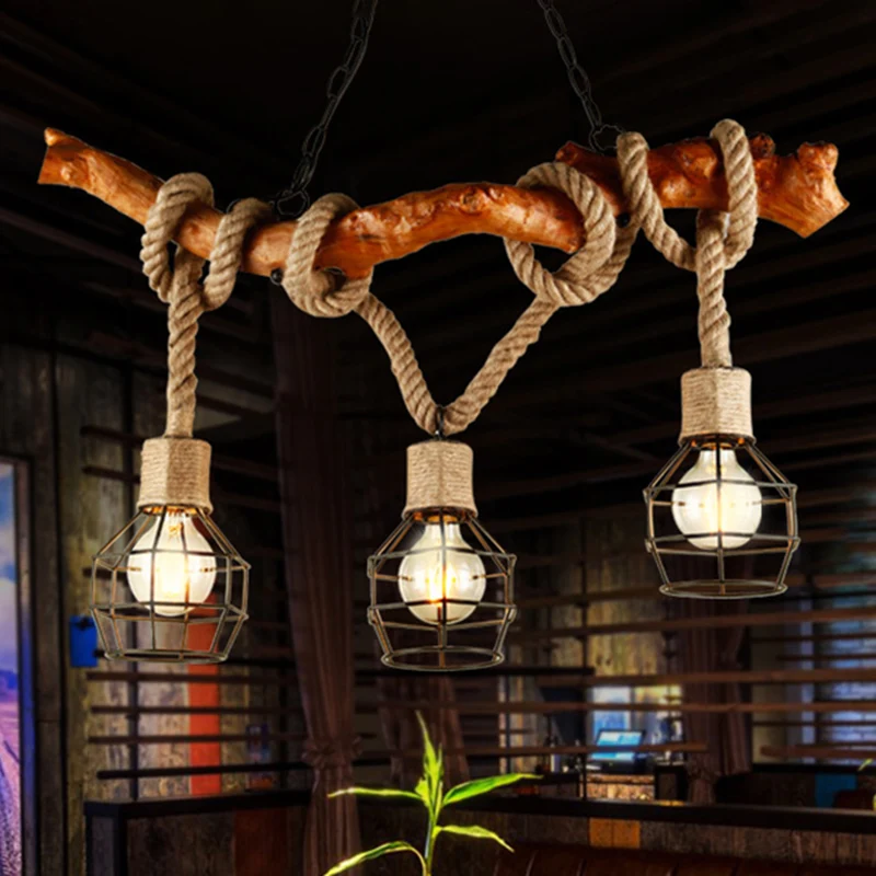 3-lichts gekooide bubble-eilandlamp, industrieel beige hanglamp van metaal en touw Clearhalo