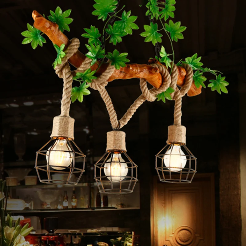 3-lichts gekooide bubble-eilandlamp, industrieel beige hanglamp van metaal en touw Clearhalo