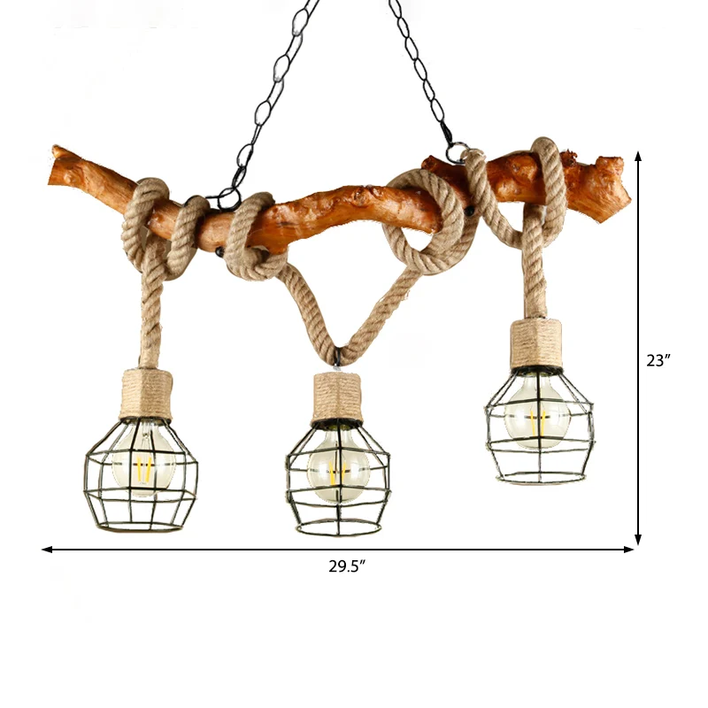 3-lichts gekooide bubble-eilandlamp, industrieel beige hanglamp van metaal en touw Clearhalo