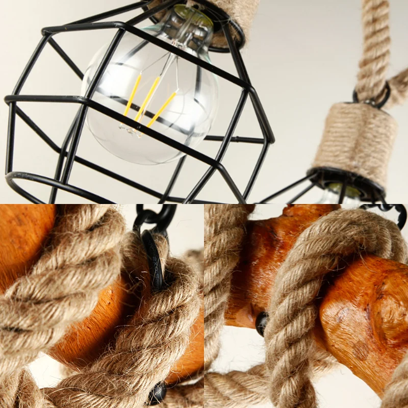 3-lichts gekooide bubble-eilandlamp, industrieel beige hanglamp van metaal en touw Clearhalo
