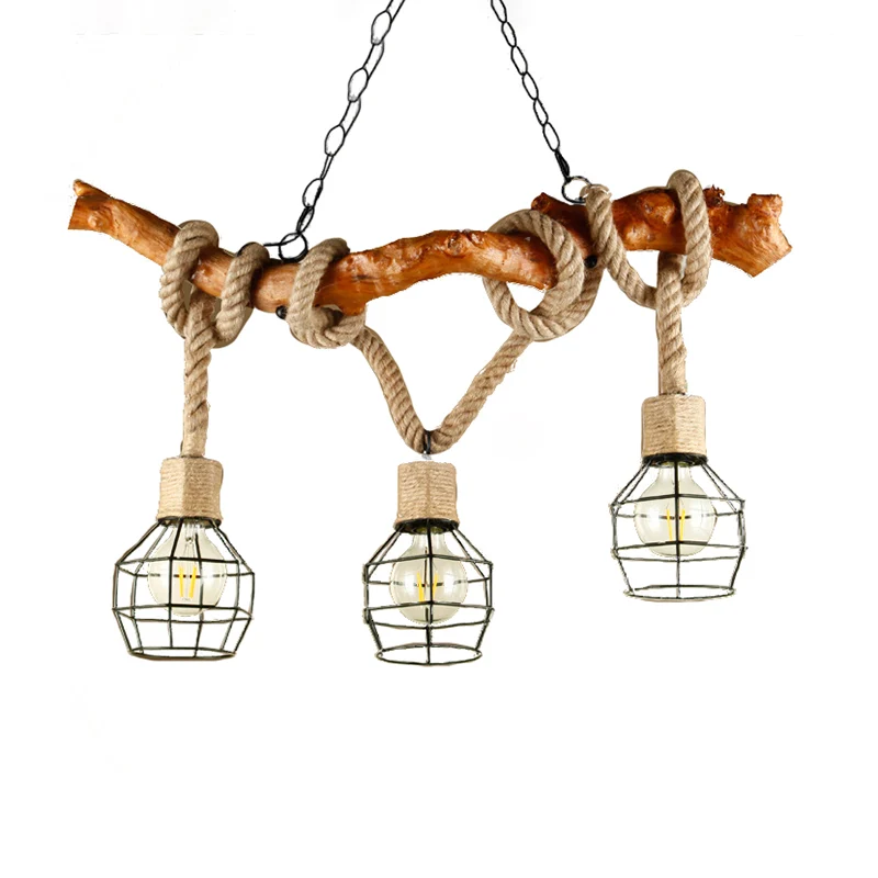 3-lichts gekooide bubble-eilandlamp, industrieel beige hanglamp van metaal en touw Clearhalo