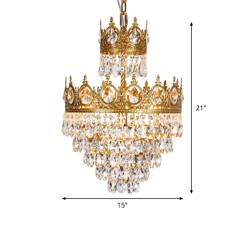 3-lichts gelaagde, taps toelopende kroonluchter, traditionele, heldere druppelvormige kristallen hanglamp met gouden kroon...