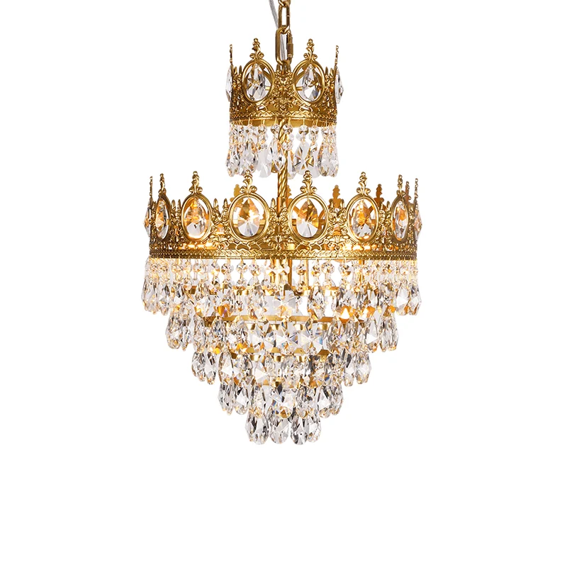 3-lichts gelaagde, taps toelopende kroonluchter, traditionele, heldere druppelvormige kristallen hanglamp met gouden kroon...