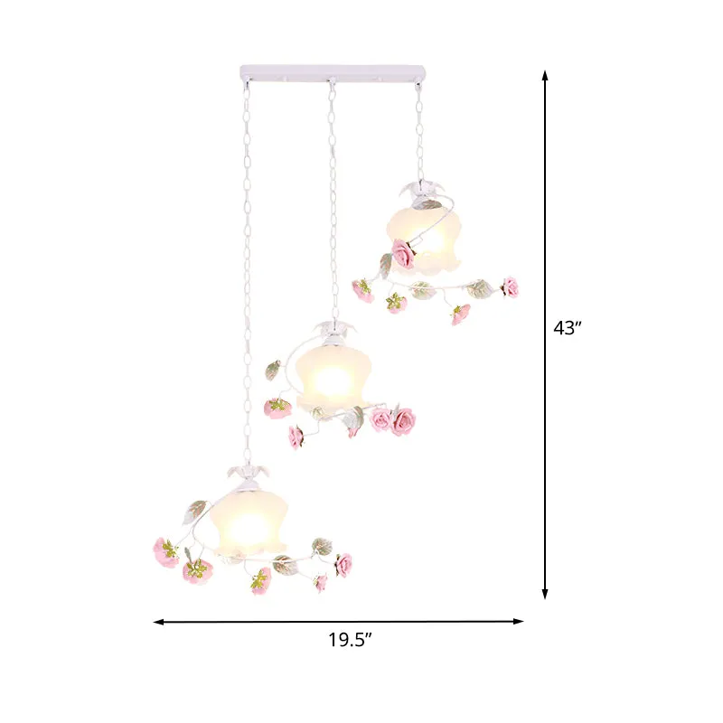 3-lichts geschulpte clusterhanger pastorale witte metalen bloemhanglamp voor eetkamer Clearhalo