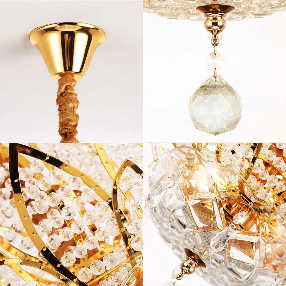3-lichts halkroonluchterlamp met lotusgefacetteerde kristallen bolschaduw moderne gouden hanglamp Clearhalo
