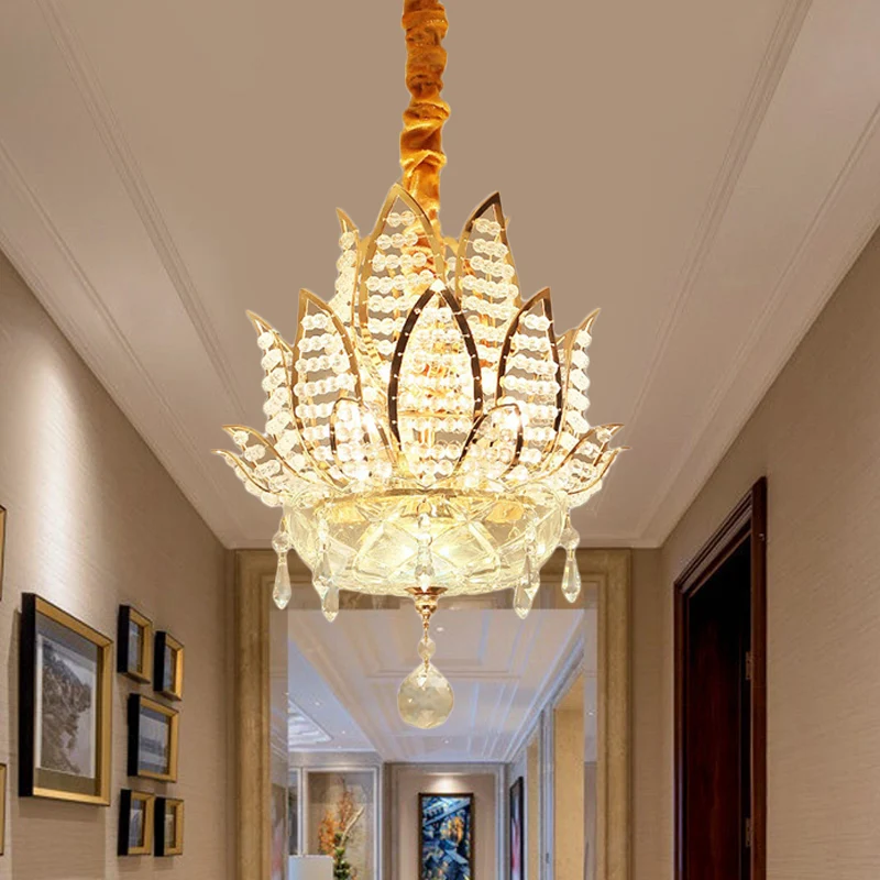 3-lichts halkroonluchterlamp met lotusgefacetteerde kristallen bolschaduw moderne gouden hanglamp Clearhalo