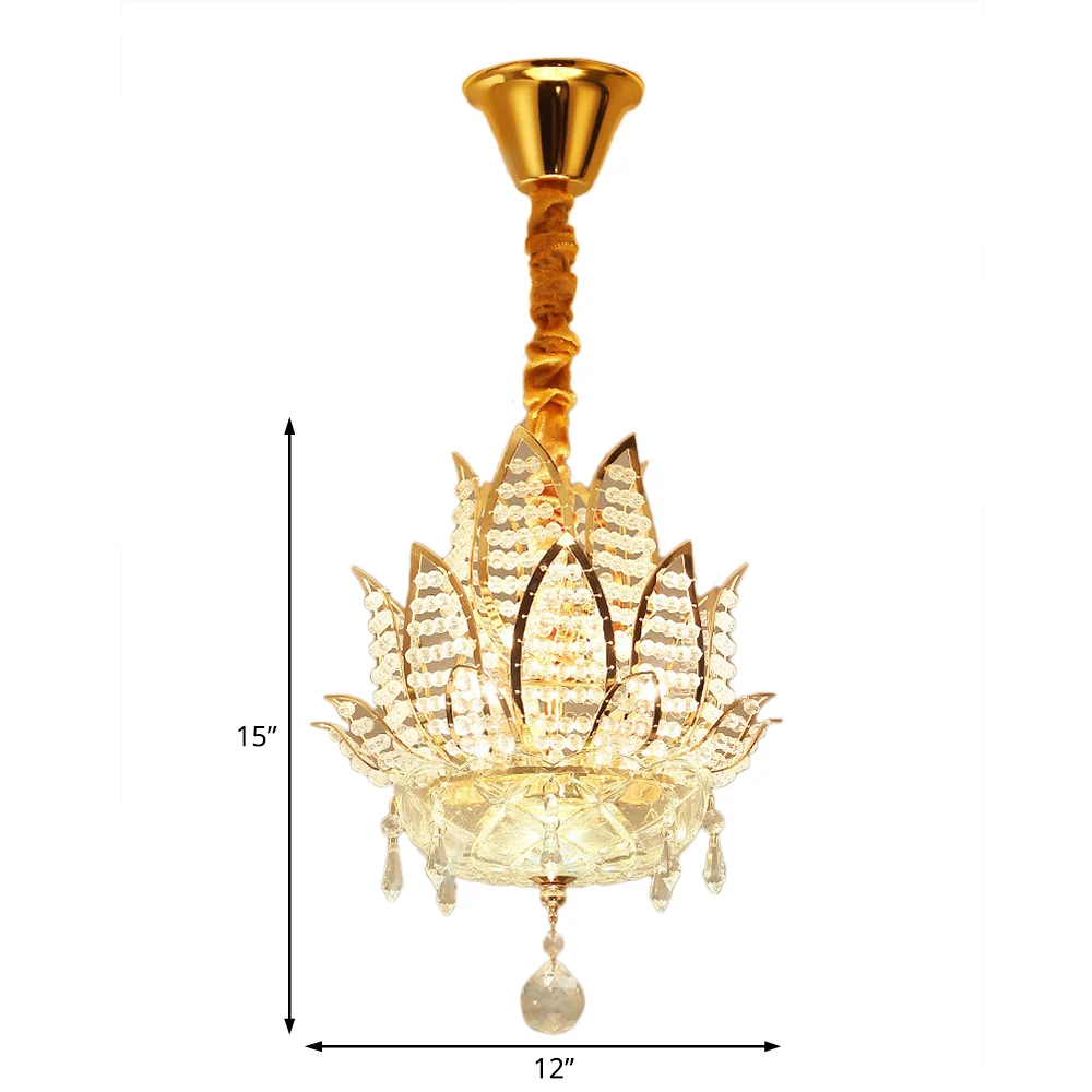 3-lichts halkroonluchterlamp met lotusgefacetteerde kristallen bolschaduw moderne gouden hanglamp Clearhalo