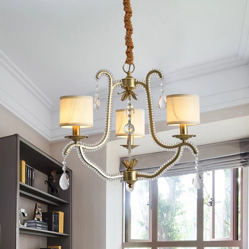 3-lichts hangende kroonluchter post modern frame kristallen kralen hangende plafondlamp met stoffen kap goud Clearhalo