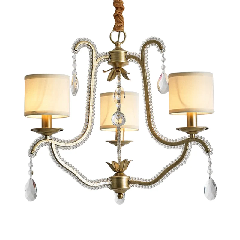 3-lichts hangende kroonluchter post modern frame kristallen kralen hangende plafondlamp met stoffen kap goud Clearhalo
