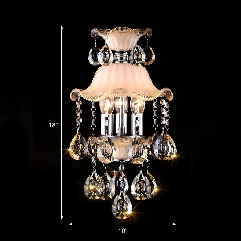 3-lichts hanglamp met gegolfde rand, moderne matglazen plafondkroonluchter met helder kristaldeco champagne Clearhalo