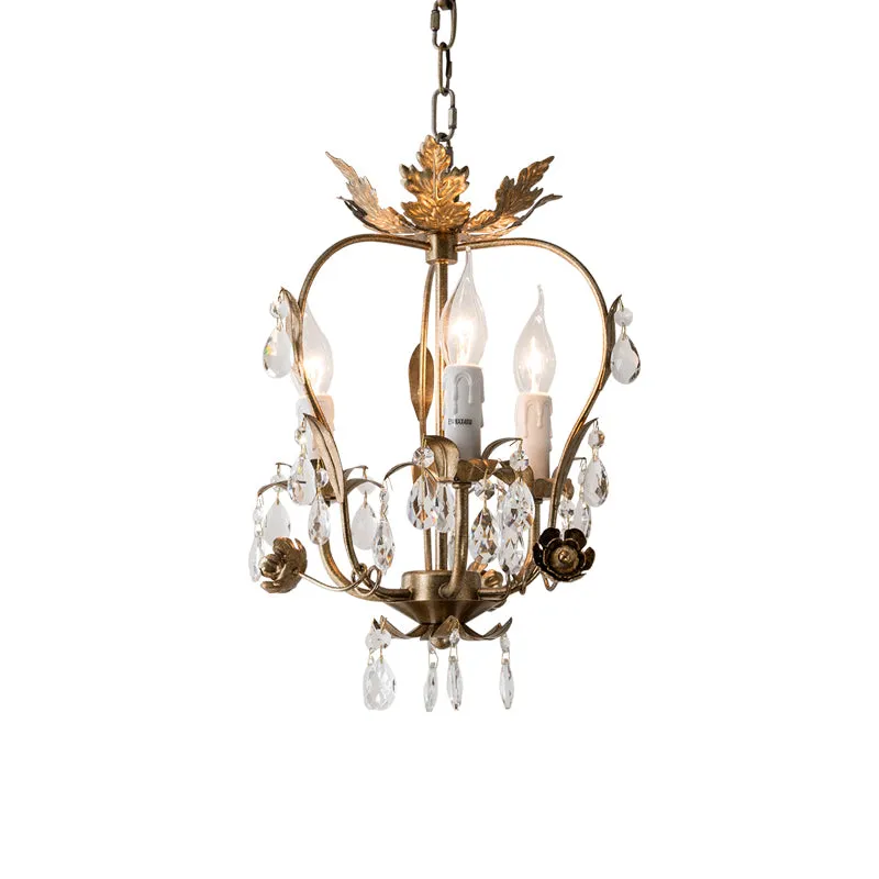 3-lichts kroonluchter hanger platteland omgekeerde peer frame kristallen hanglamp antiek messing Clearhalo