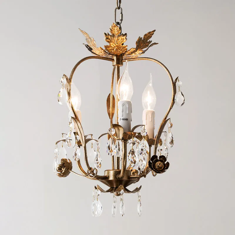 3-lichts kroonluchter hanger platteland omgekeerde peer frame kristallen hanglamp antiek messing Clearhalo