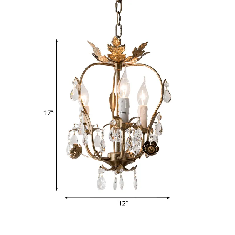 3-lichts kroonluchter hanger platteland omgekeerde peer frame kristallen hanglamp antiek messing Clearhalo