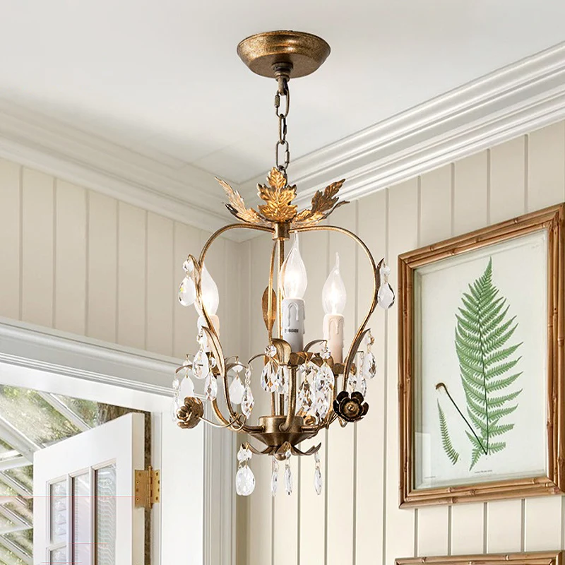 3-lichts kroonluchter hanger platteland omgekeerde peer frame kristallen hanglamp antiek messing Clearhalo