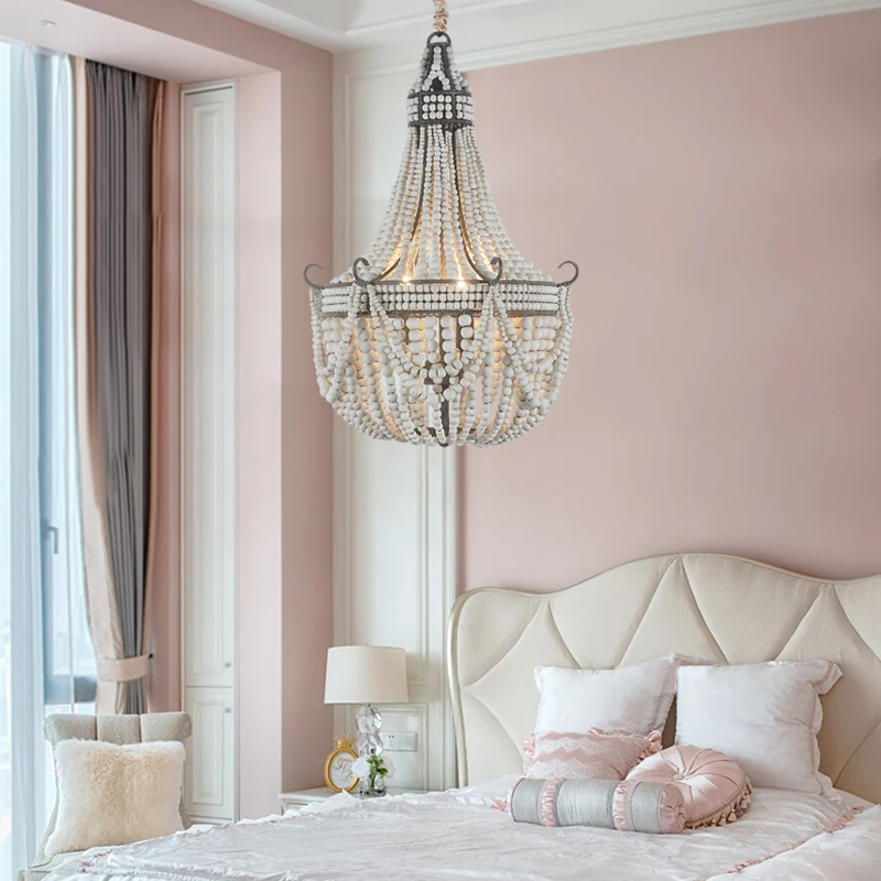 3-lichts kroonluchterlamp met Empire-vorm houten streng slaapkamerplafondlamp wit Clearhalo