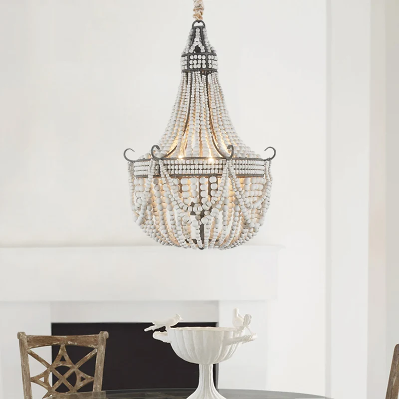 3-lichts kroonluchterlamp met Empire-vorm houten streng slaapkamerplafondlamp wit Clearhalo