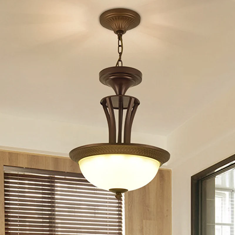 3-lichts kroonluchterlamp met kom, witte glazen kap, traditionele woonkamerplafondlamp brons Clearhalo
