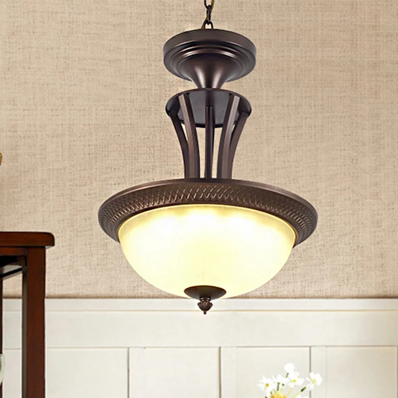 3-lichts kroonluchterlamp met kom, witte glazen kap, traditionele woonkamerplafondlamp brons Clearhalo