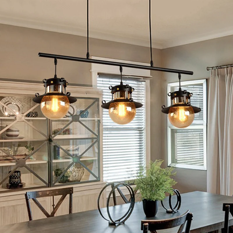 3-lichts lineair hangend eilandlicht Traditionele zwarte metalen hanglamp met uitlopende kap Clearhalo
