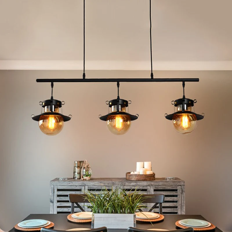 3-lichts lineair hangend eilandlicht Traditionele zwarte metalen hanglamp met uitlopende kap Clearhalo