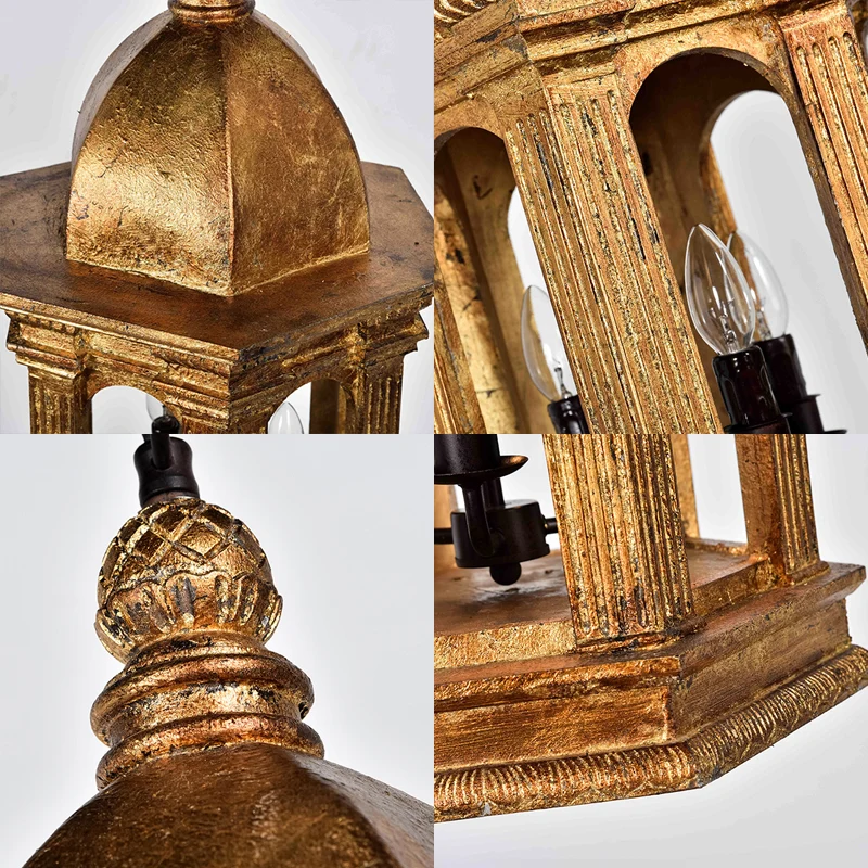 3-lichts metalen kroonluchterlamp, vintage gouden lantaarn, verstelbare hanglamp met neerwaartse verlichting Clearhalo