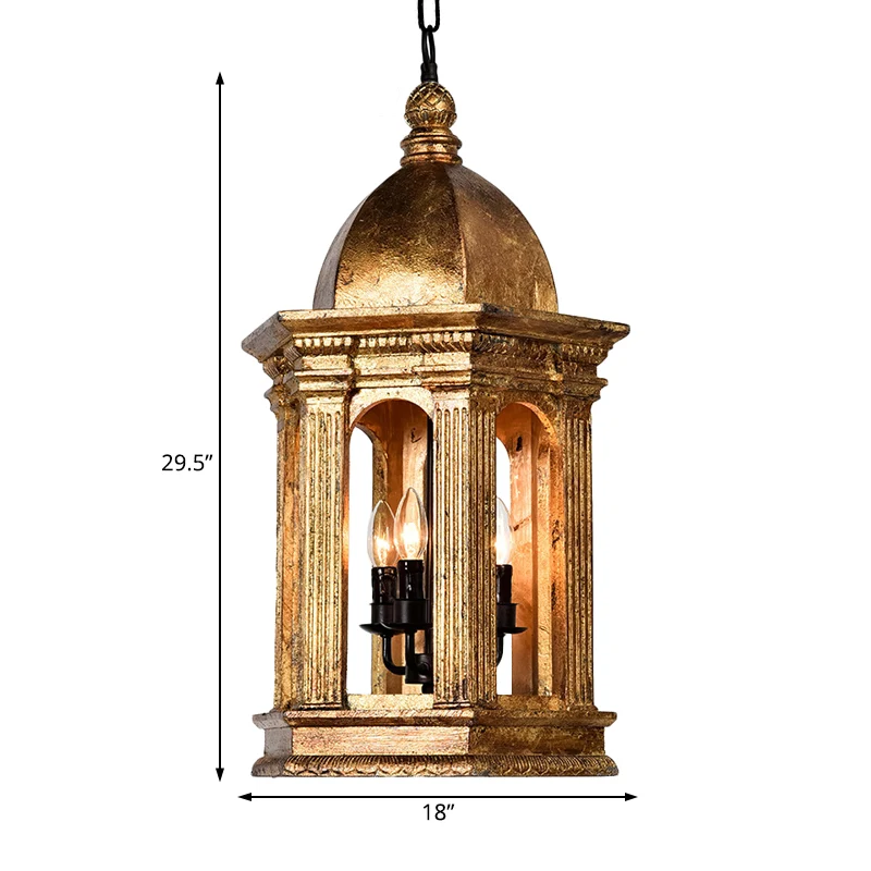 3-lichts metalen kroonluchterlamp, vintage gouden lantaarn, verstelbare hanglamp met neerwaartse verlichting Clearhalo