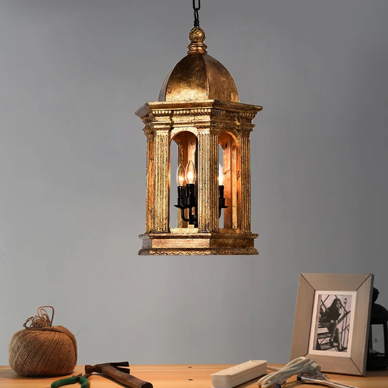 3-lichts metalen kroonluchterlamp, vintage gouden lantaarn, verstelbare hanglamp met neerwaartse verlichting Clearhalo
