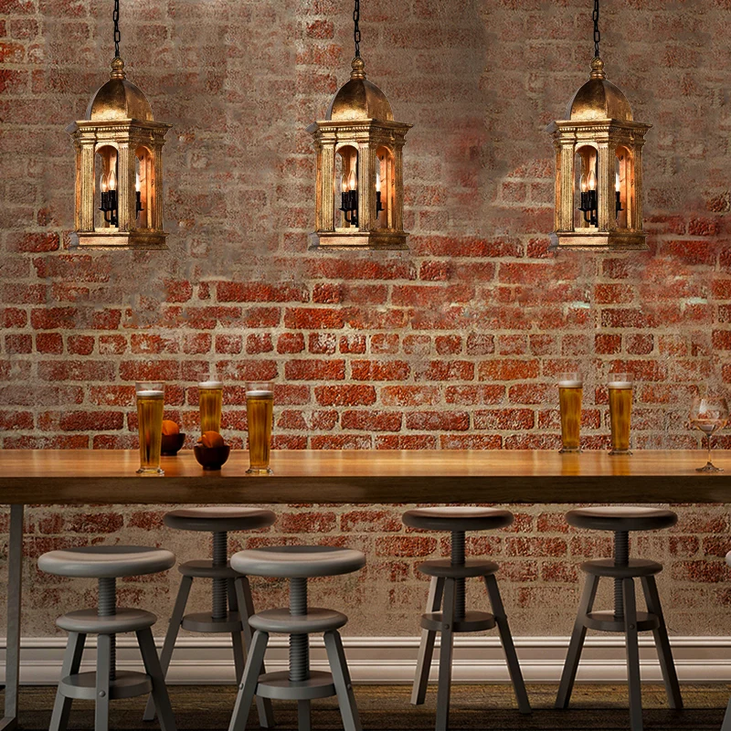 3-lichts metalen kroonluchterlamp, vintage gouden lantaarn, verstelbare hanglamp met neerwaartse verlichting Clearhalo
