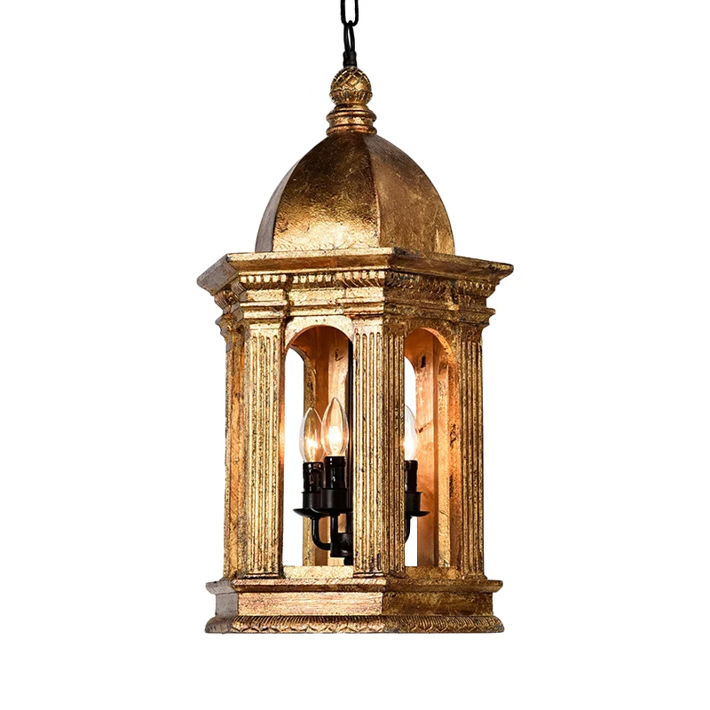 3-lichts metalen kroonluchterlamp, vintage gouden lantaarn, verstelbare hanglamp met neerwaartse verlichting Clearhalo