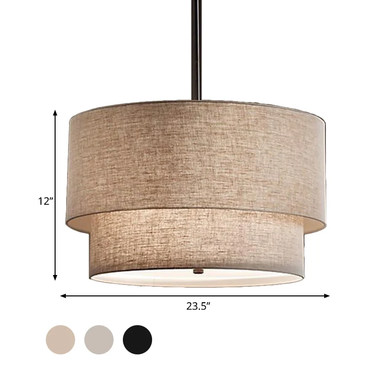 3-lichts plafondlamp traditionele gelaagde concentrische laag stoffen kroonluchter zwart/wit/vlas, 16"/19,5"/23,5" breed C...