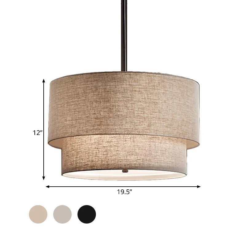 3-lichts plafondlamp traditionele gelaagde concentrische laag stoffen kroonluchter zwart/wit/vlas, 16"/19,5"/23,5" breed C...
