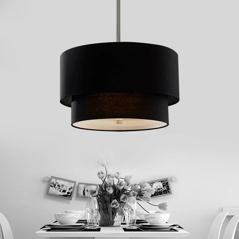3-lichts plafondlamp traditionele gelaagde concentrische laag stoffen kroonluchter zwart/wit/vlas, 16"/19,5"/23,5" breed C...