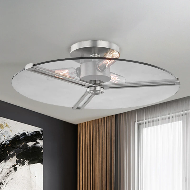 3-lichts plafondlamp van helder glas, kolonialisme, chroom/goud, schijf, slaapkamer, semi-inbouwlamp Clearhalo