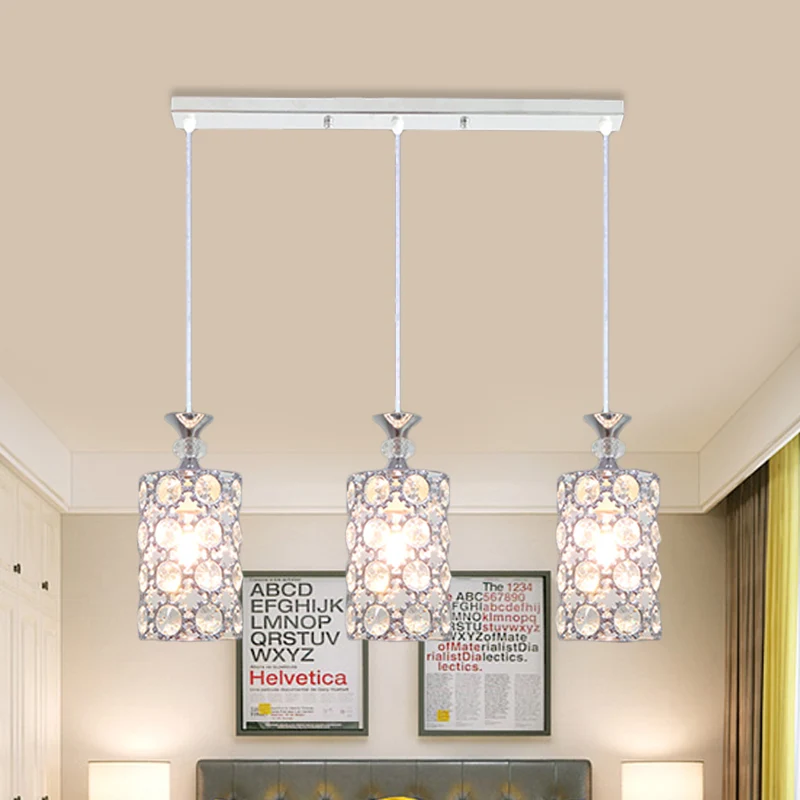 3-lichts restaurant hangende plafondlamp moderne zilveren clusterhanger met cilinderkristal ingelegde kap Clearhalo