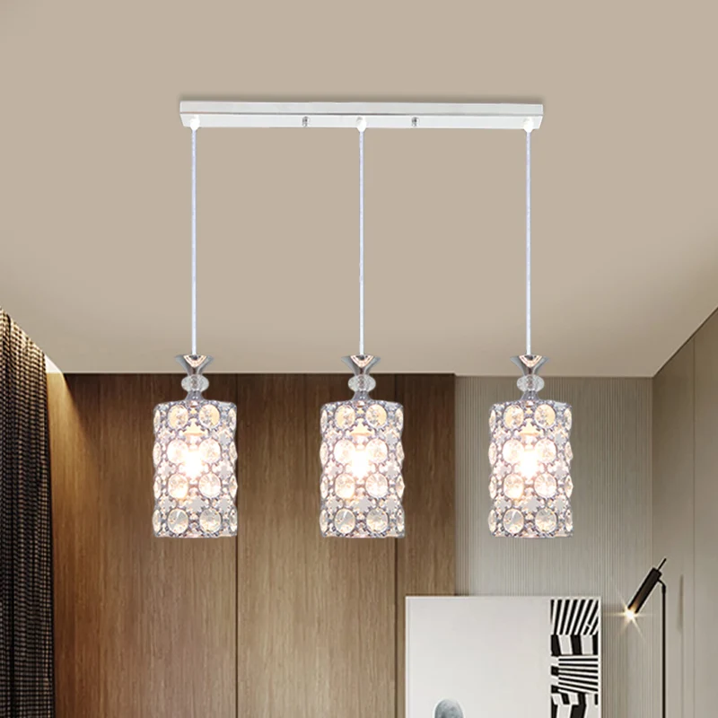 3-lichts restaurant hangende plafondlamp moderne zilveren clusterhanger met cilinderkristal ingelegde kap Clearhalo