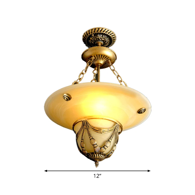 3-lichts witte glazen kroonluchter traditionele messing omgekeerde hoedvormige woonkamer hanglamp, 12"/16"/19,5" W Clearhalo