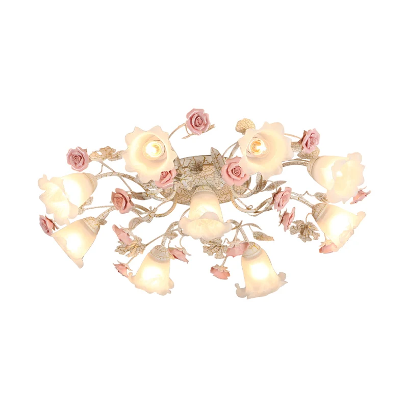 4/6/7-Head Semi Inbouw Koreaanse Tuin Woonkamer Plafondinbouwlamp met Bloemen Frosted Wit Glazen Kap Clearhalo