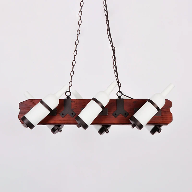 4/6-koppige eilandlamp magazijnfles mat wit/amber glas hangend verlichtingsarmatuur met bruine houten arm Clearhalo
