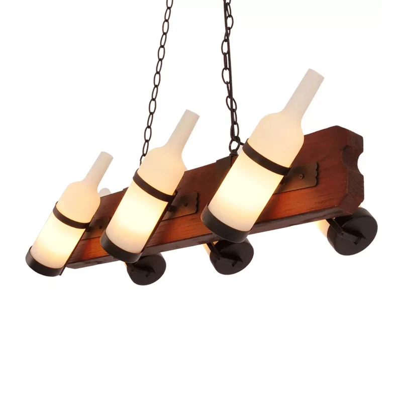 4/6-koppige eilandlamp magazijnfles mat wit/amber glas hangend verlichtingsarmatuur met bruine houten arm Clearhalo