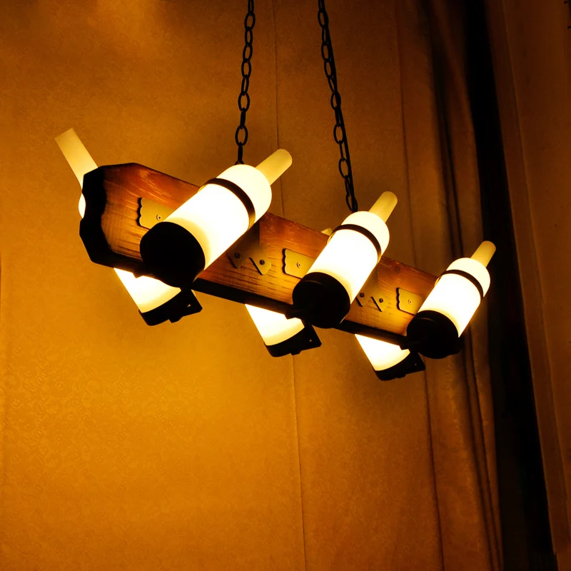 4/6-koppige eilandlamp magazijnfles mat wit/amber glas hangend verlichtingsarmatuur met bruine houten arm Clearhalo
