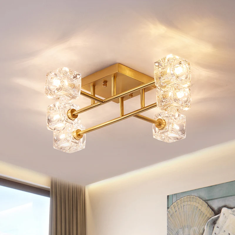 4/6-kops kubieke kristallen plafondlamp postmoderne goudvertakkende slaapkamer semi-gemonteerde verlichting Clearhalo