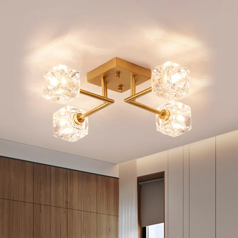 4/6-kops kubieke kristallen plafondlamp postmoderne goudvertakkende slaapkamer semi-gemonteerde verlichting Clearhalo