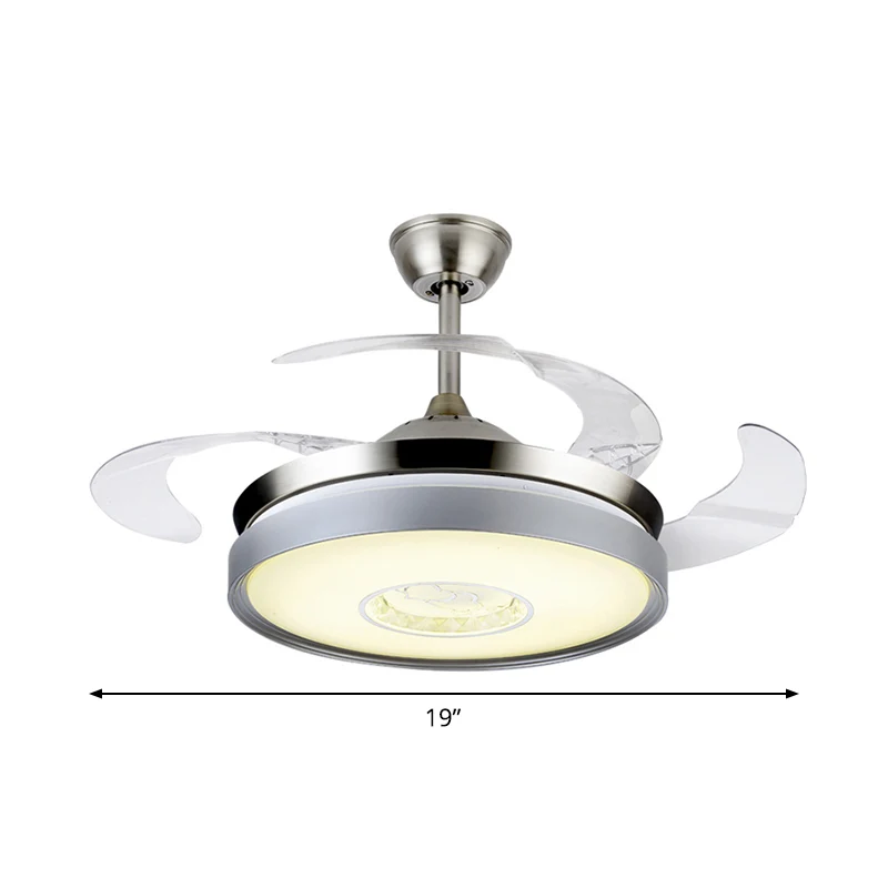 4-bladige acryl drum hangende ventilator licht eigentijds 19" brede LED zilver semi-flush voor eetkamer Clearhalo