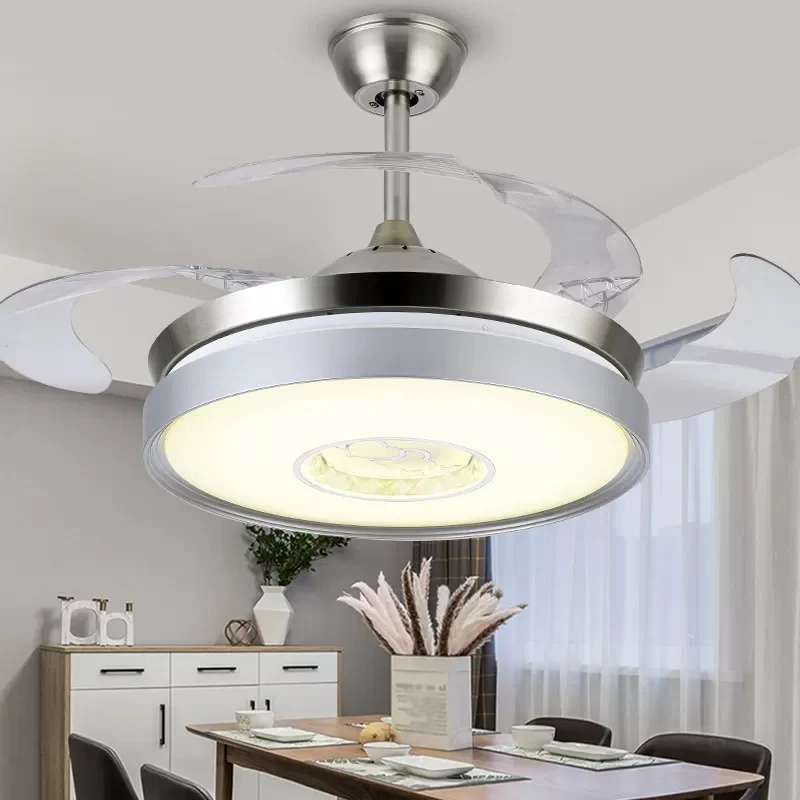 4-bladige acryl drum hangende ventilator licht eigentijds 19" brede LED zilver semi-flush voor eetkamer Clearhalo
